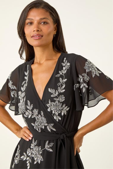 Roman Black Premium Beaded Wrap Midi Dress