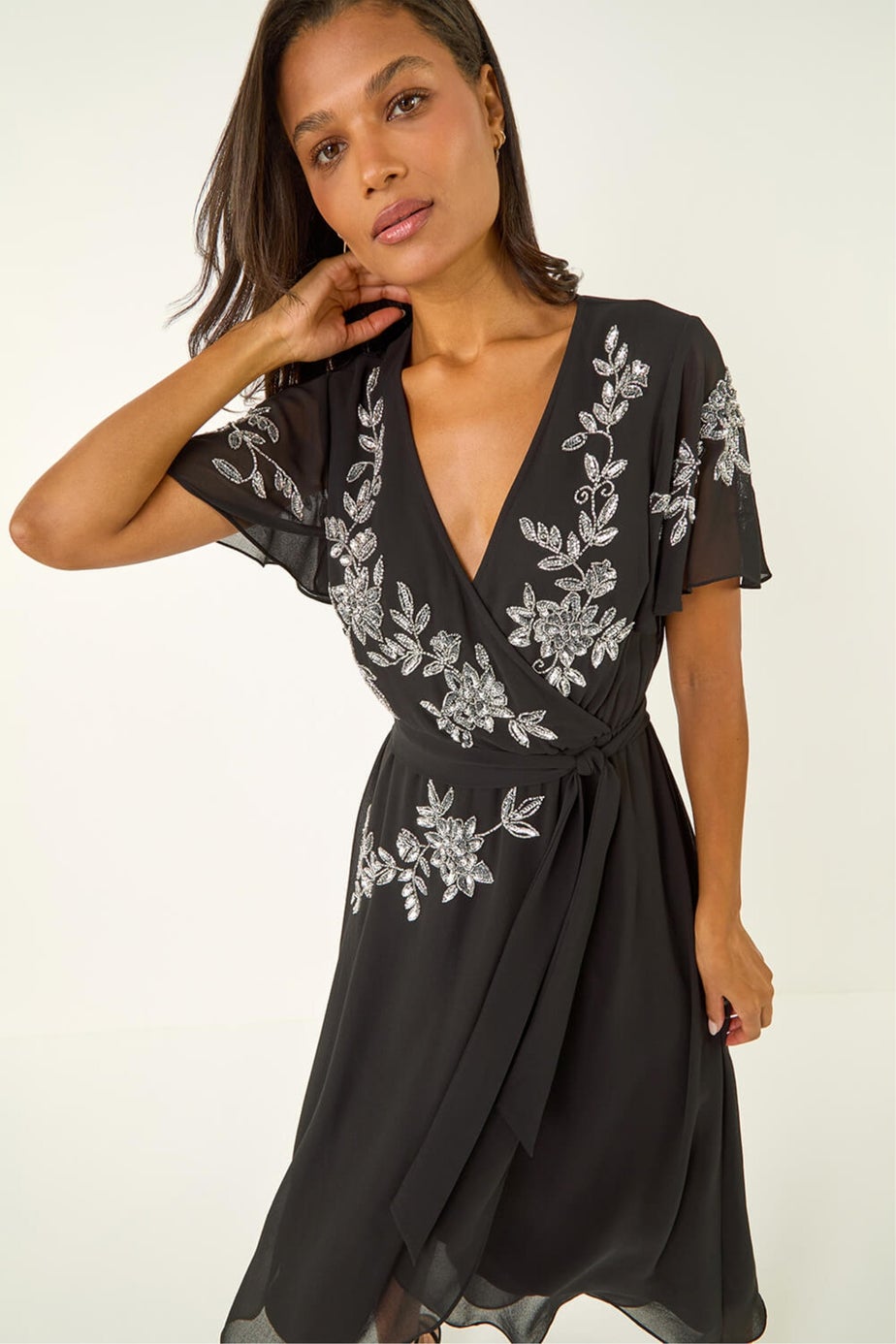Roman Black Premium Beaded Wrap Midi Dress