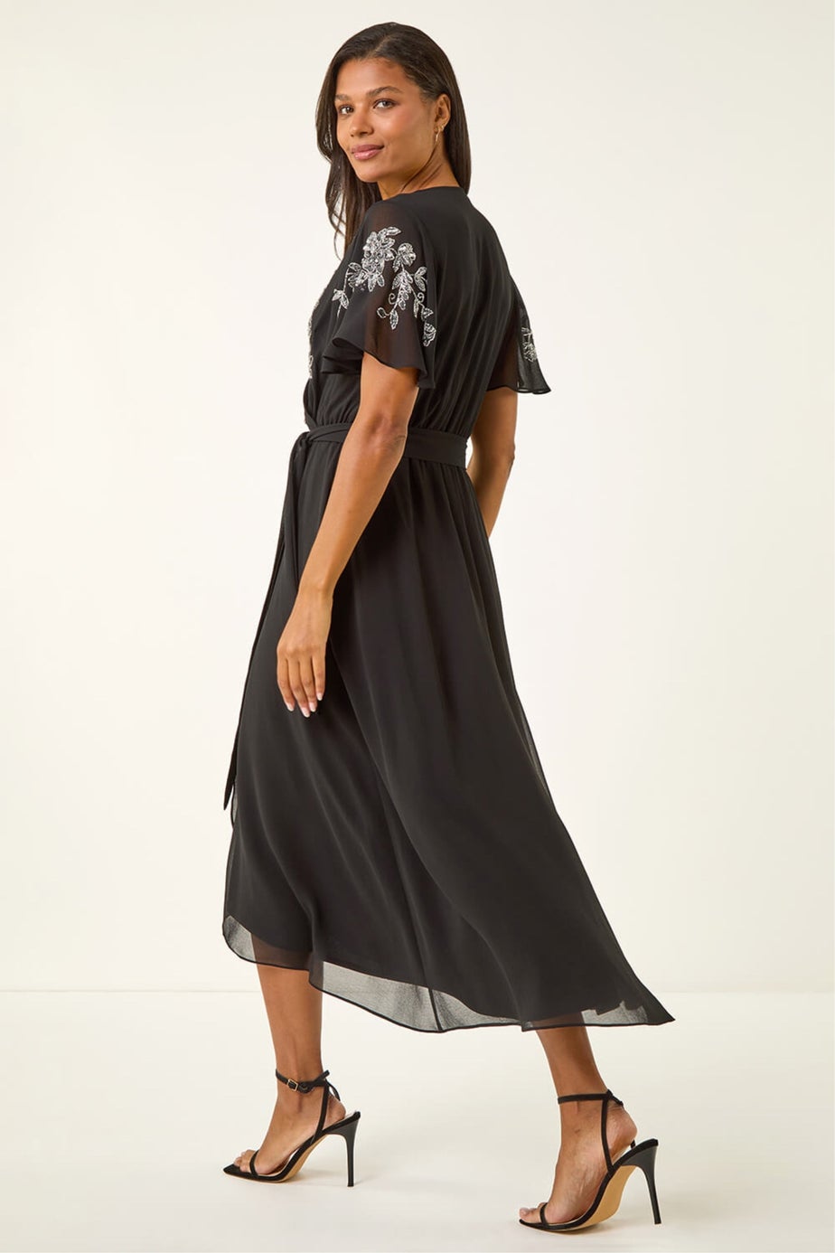 Roman Black Premium Beaded Wrap Midi Dress