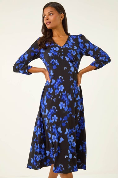 Roman Royal Blue Floral Print Button Midi Dress