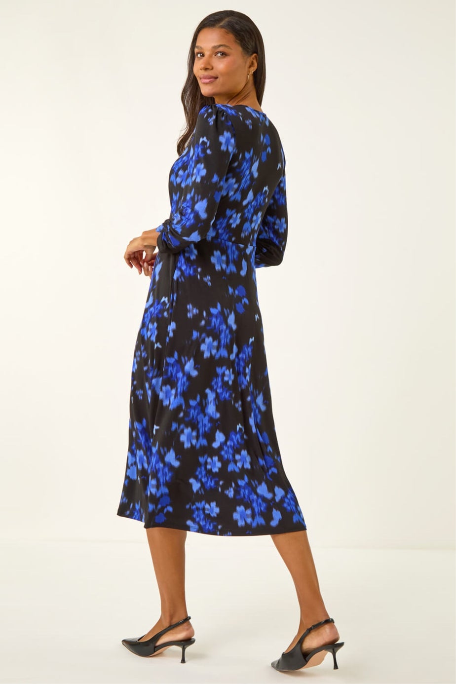 Roman Royal Blue Floral Print Button Midi Dress