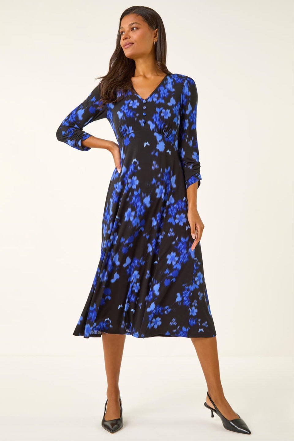 Roman Royal Blue Floral Print Button Midi Dress
