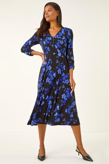 Roman Royal Blue Floral Print Button Midi Dress
