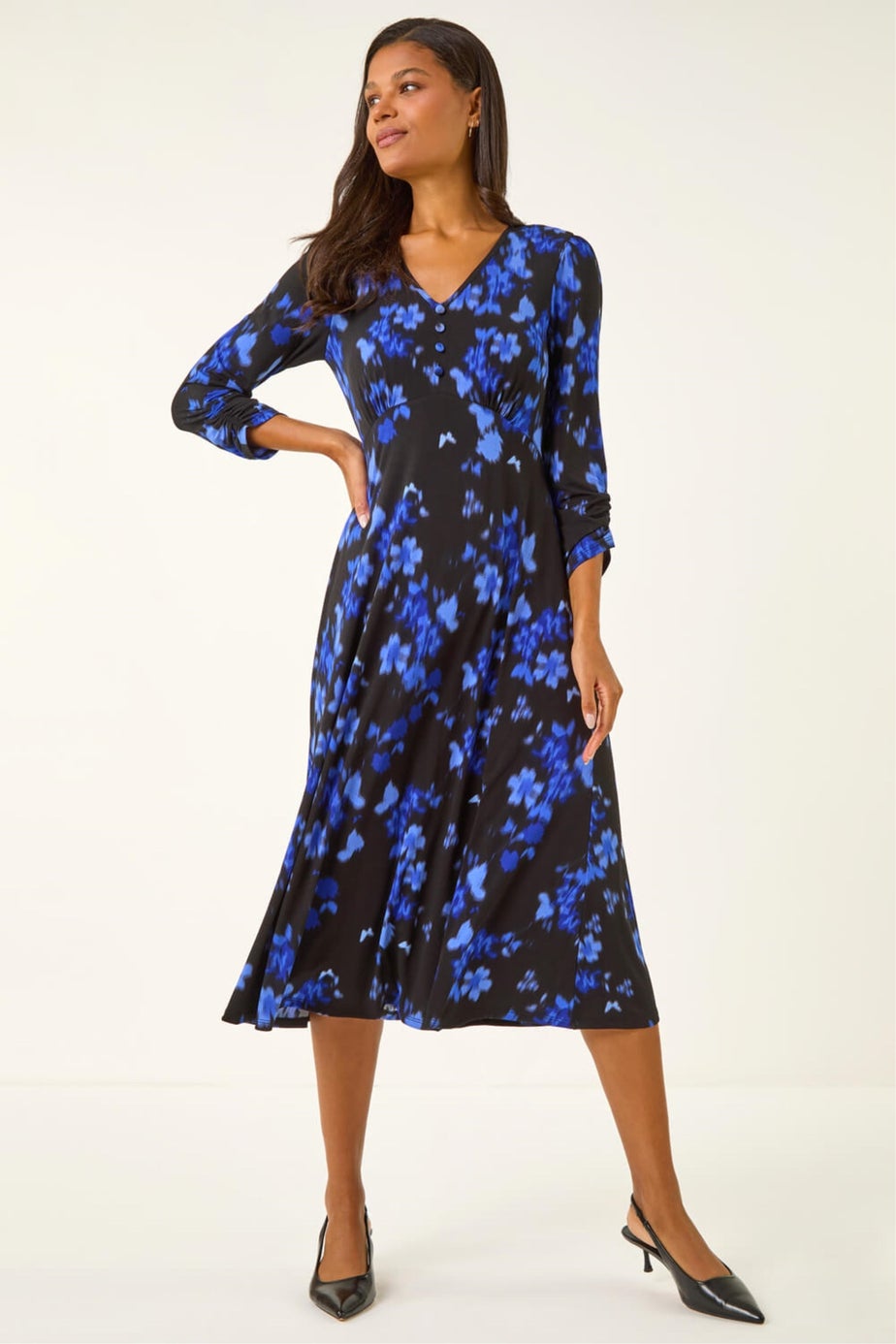 Roman Royal Blue Floral Print Button Midi Dress