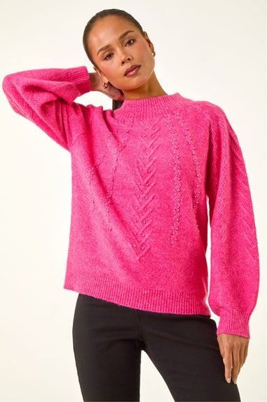 Roman Pink Petite Cable Knit Embellished Jumper