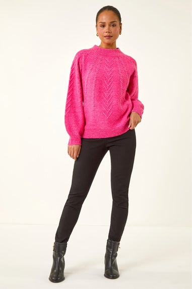 Roman Pink Petite Cable Knit Embellished Jumper