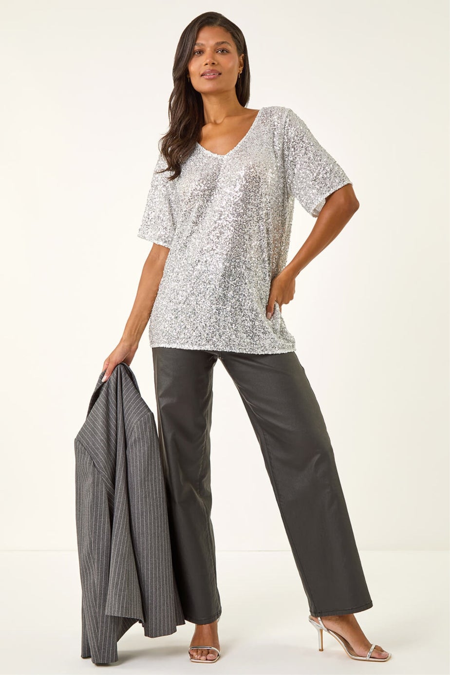 Roman Silver Sequin Embellished V-Neck Top