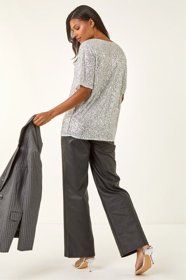 Roman Silver Sequin Embellished V-Neck Top
