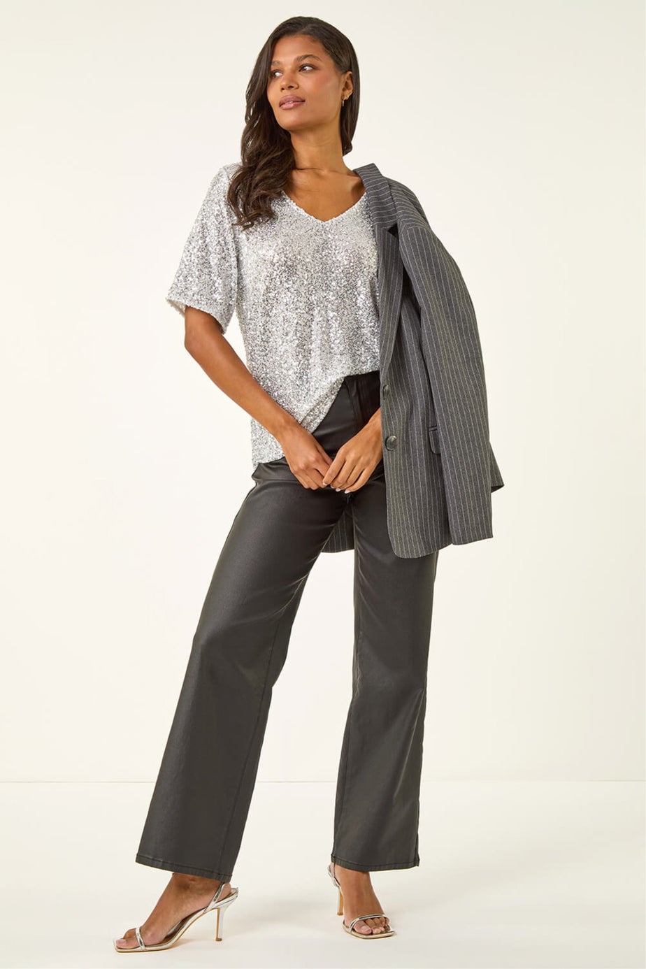 Roman Silver Sequin Embellished V-Neck Top