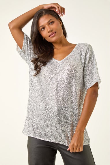 Roman Silver Sequin Embellished V-Neck Top