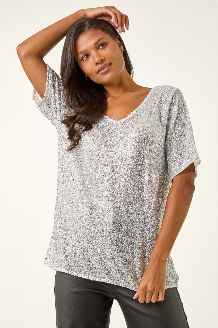 Roman Silver Sequin Embellished V-Neck Top