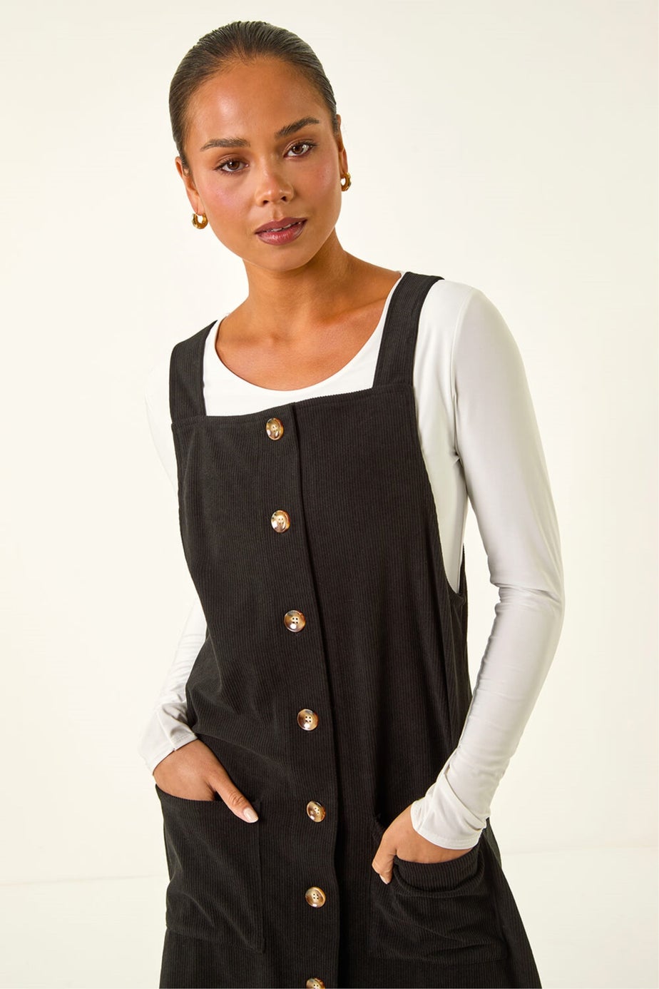 Roman Black Petite Corduroy Pinafore Dress