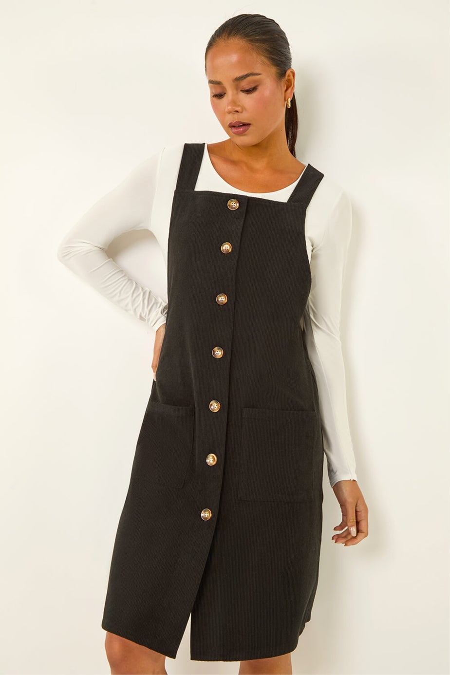 Roman Black Petite Corduroy Pinafore Dress