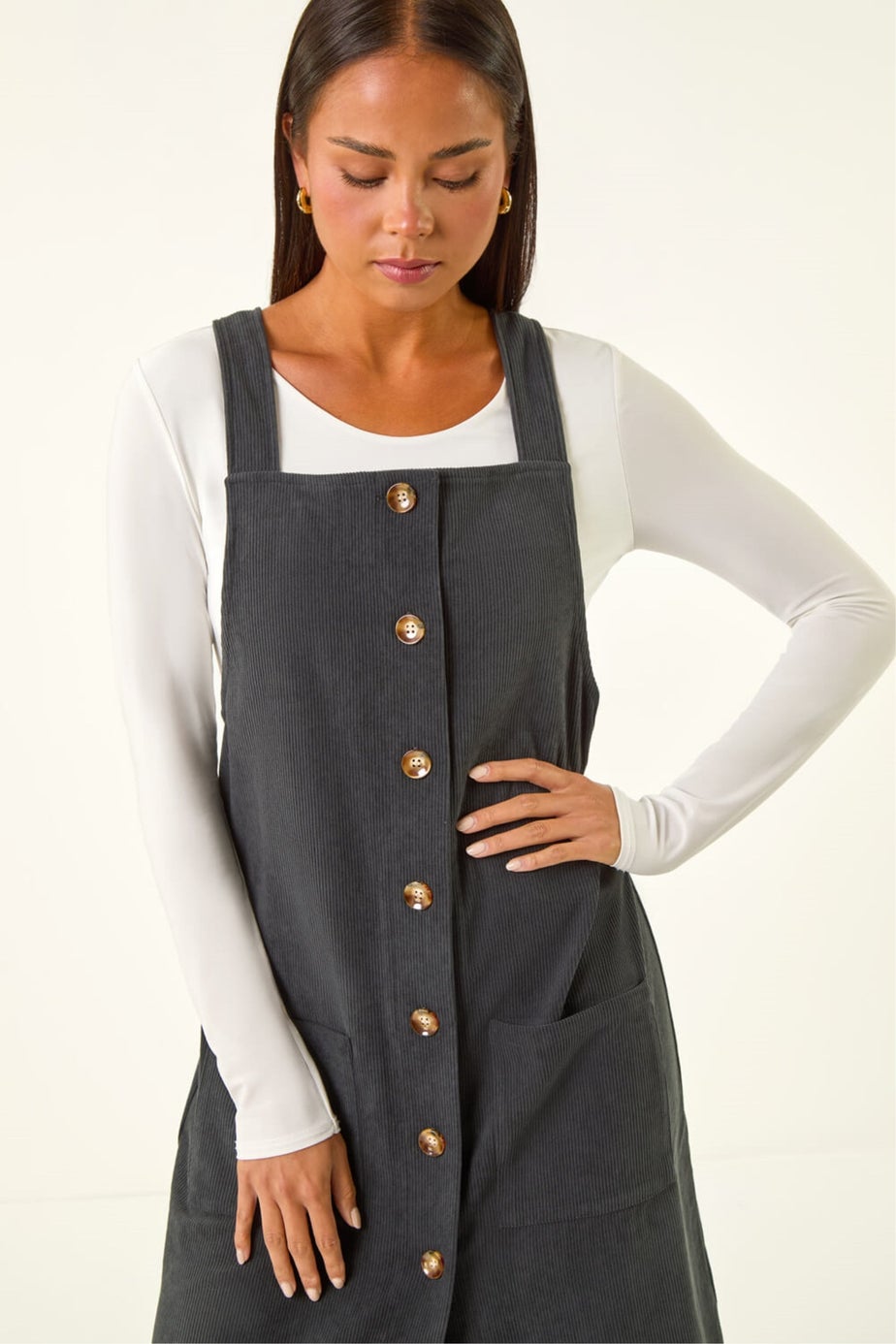 Roman Grey Petite Corduroy Pinafore Dress