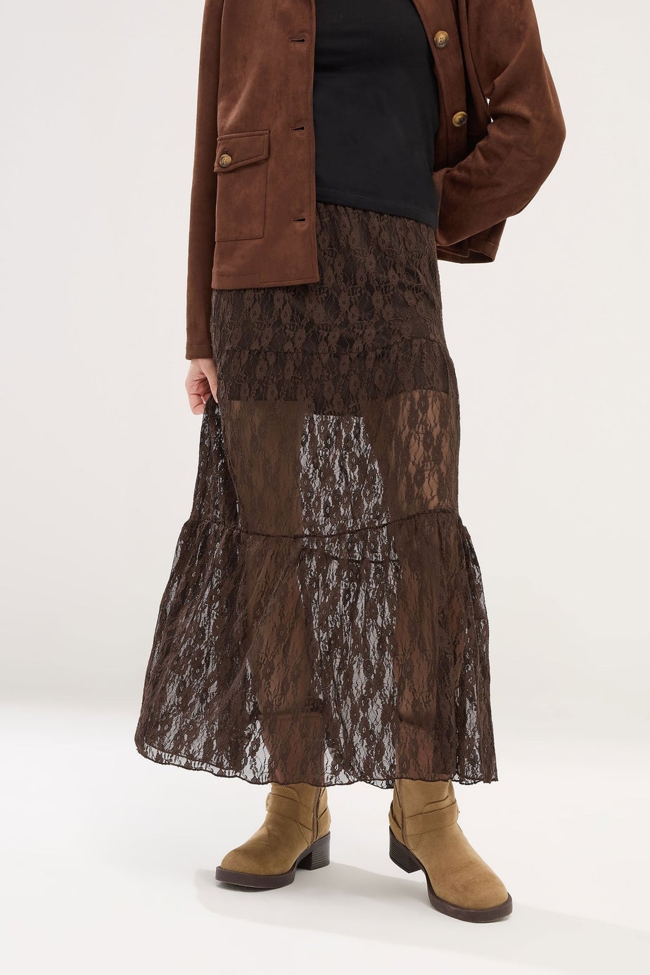 PixieGirl Petite Chocolate Brown Lace Lined Maxi Skirt