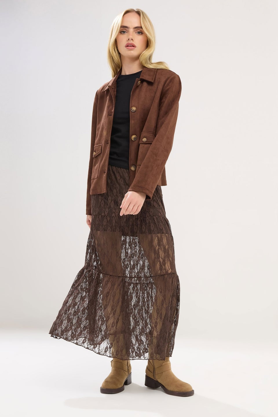 PixieGirl Petite Chocolate Brown Lace Lined Maxi Skirt
