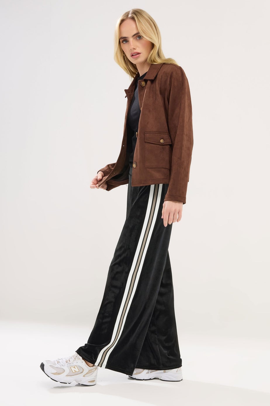 PixieGirl Petite Black Velour Side Stripe Trousers
