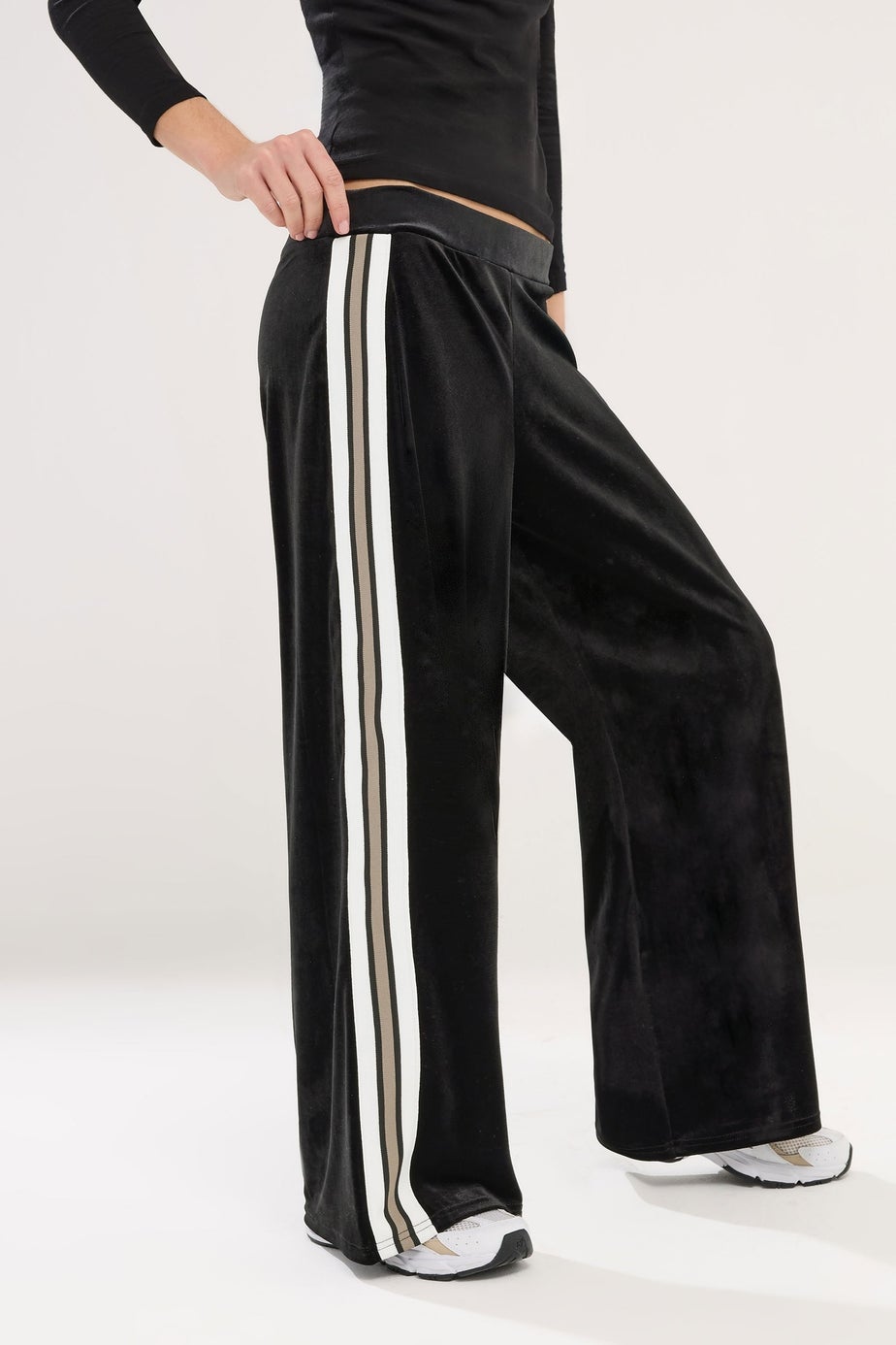 PixieGirl Petite Black Velour Side Stripe Trousers