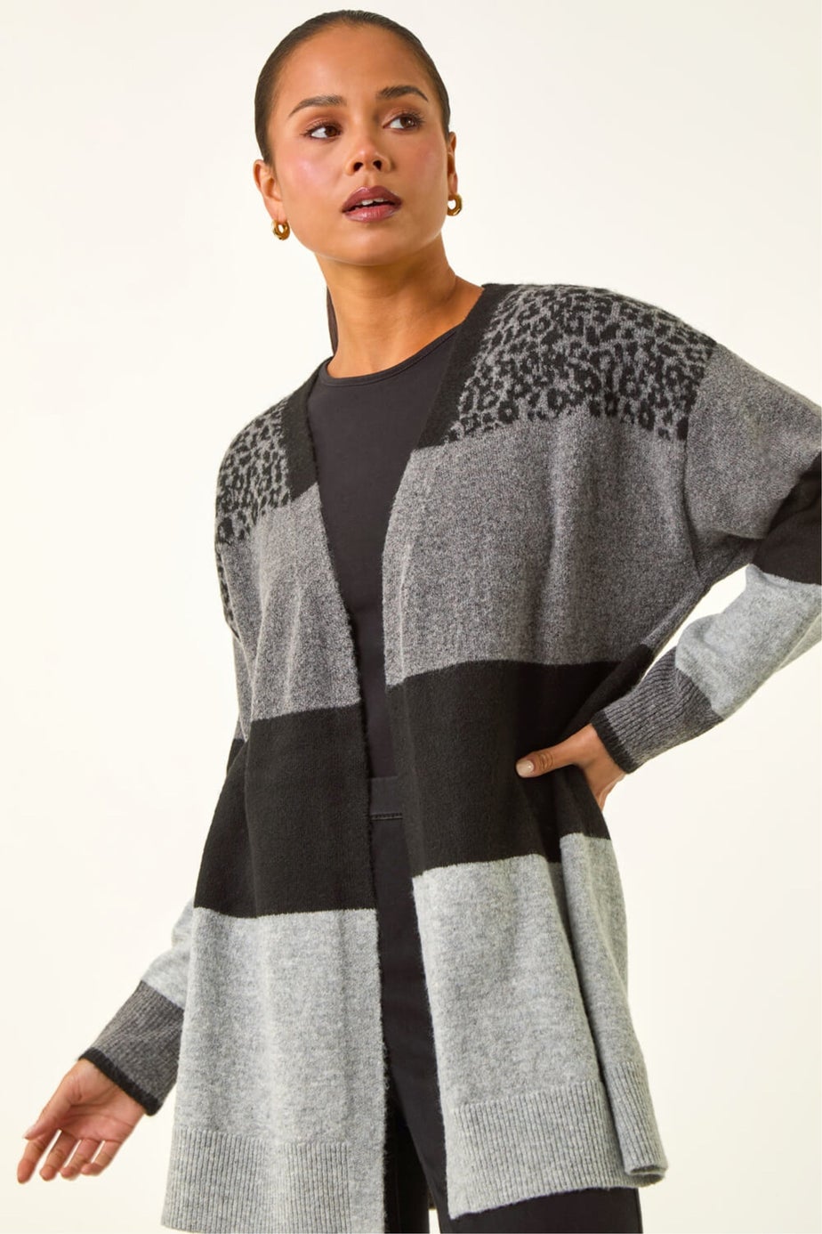 Roman Dark Grey Petite Animal Block Knit Cardigan