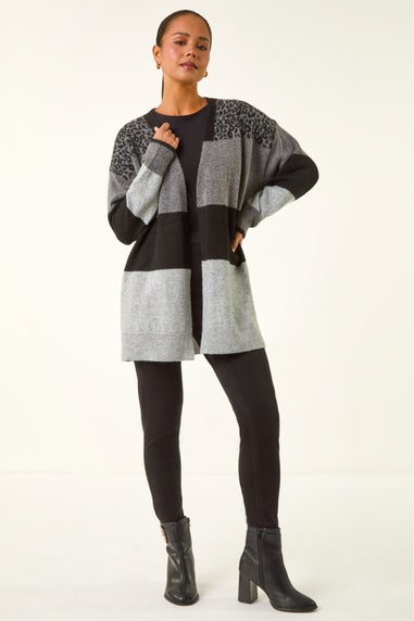 Roman Dark Grey Petite Animal Block Knit Cardigan