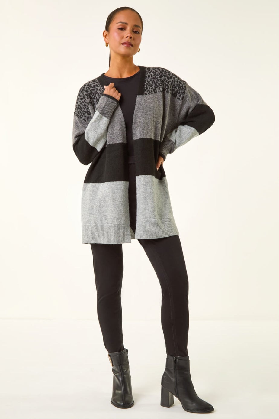 Roman Dark Grey Petite Animal Block Knit Cardigan