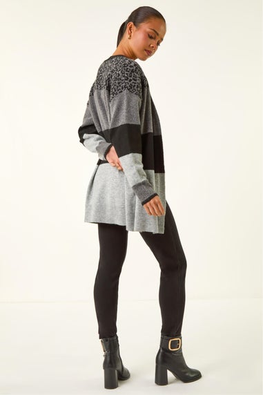Roman Dark Grey Petite Animal Block Knit Cardigan