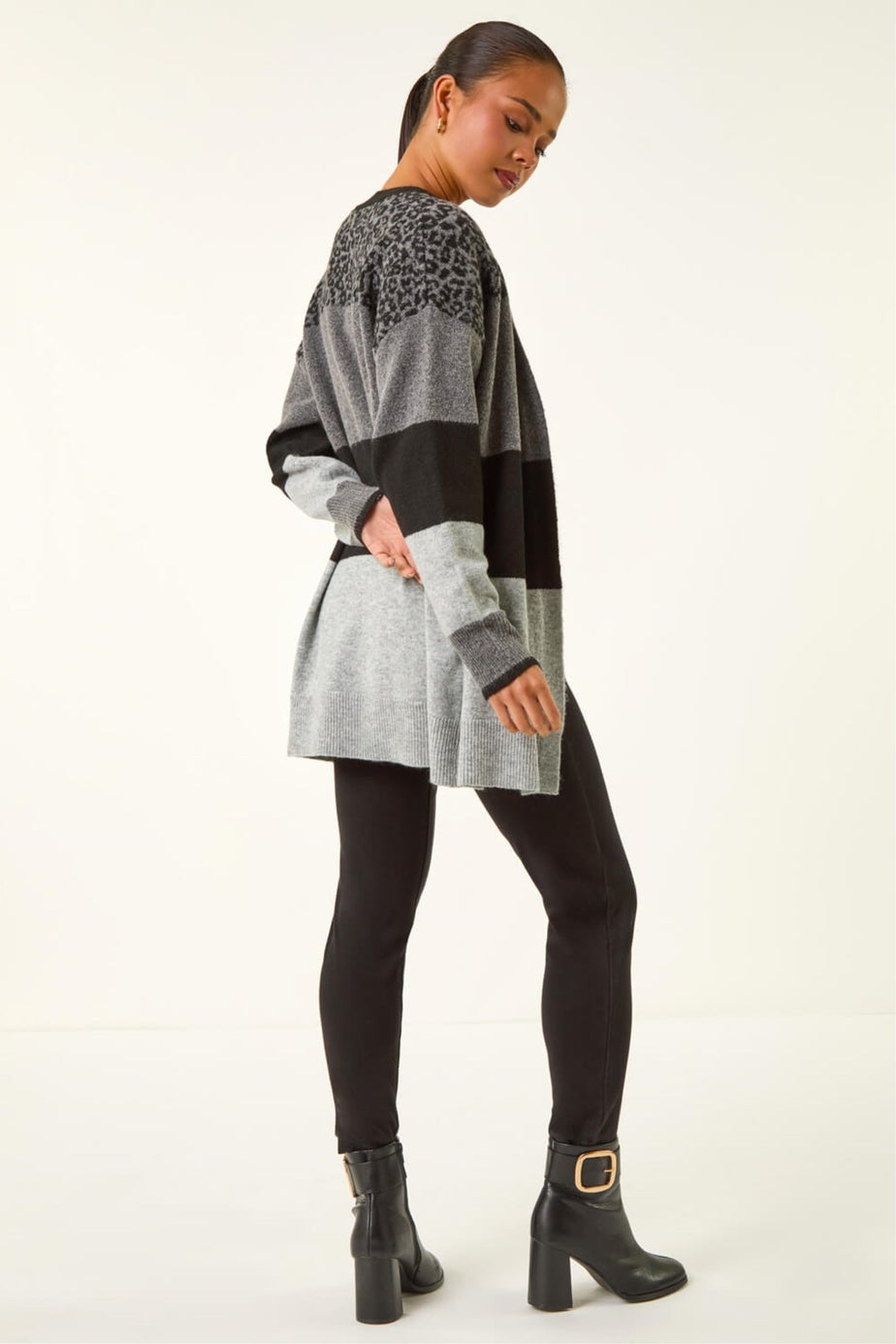 Roman Dark Grey Petite Animal Block Knit Cardigan