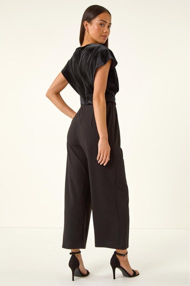 Roman Black Petite Velvet Contrast Jumpsuit