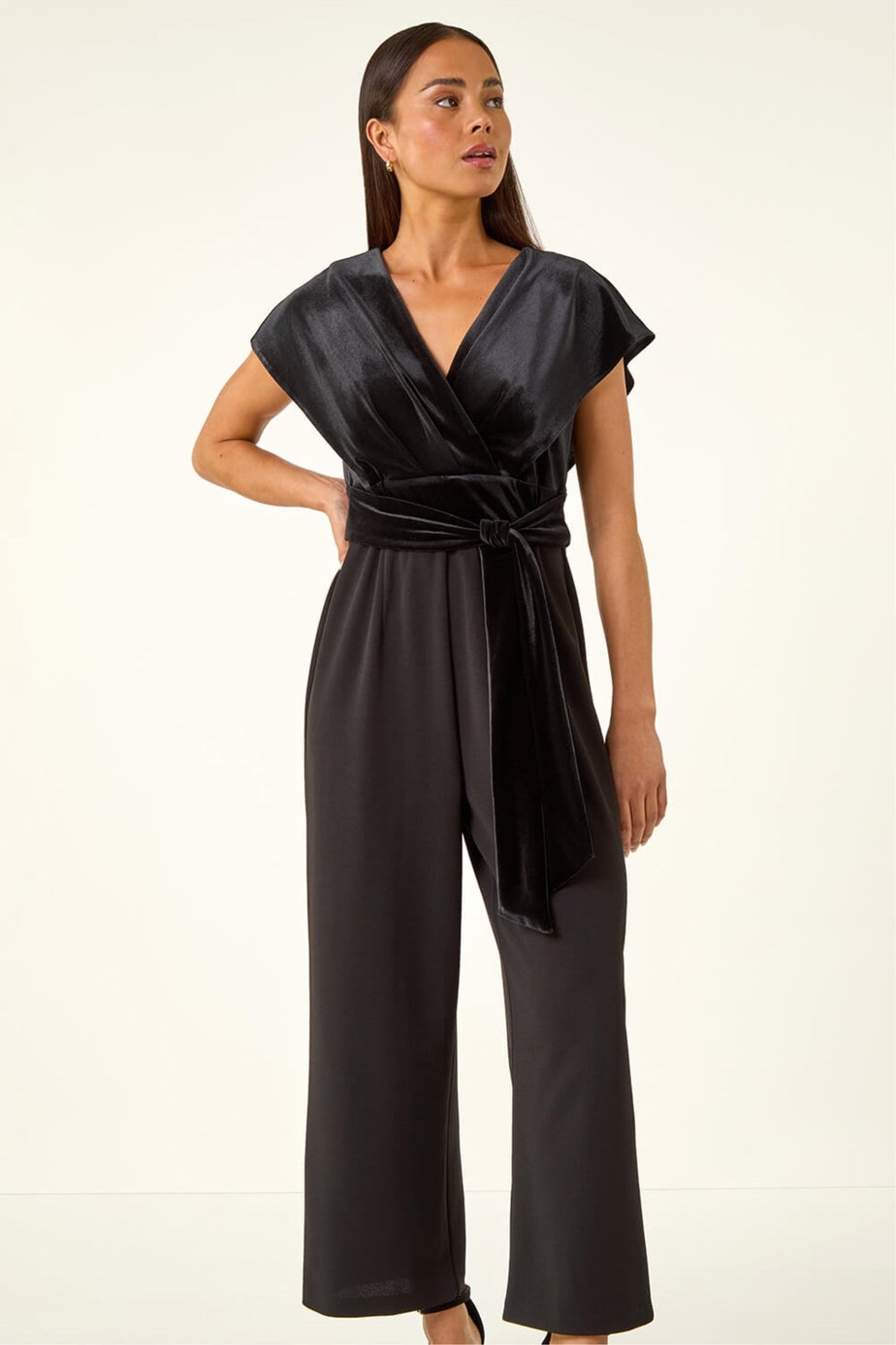 Roman Black Petite Velvet Contrast Jumpsuit
