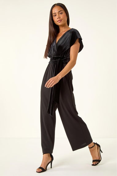 Roman Black Petite Velvet Contrast Jumpsuit