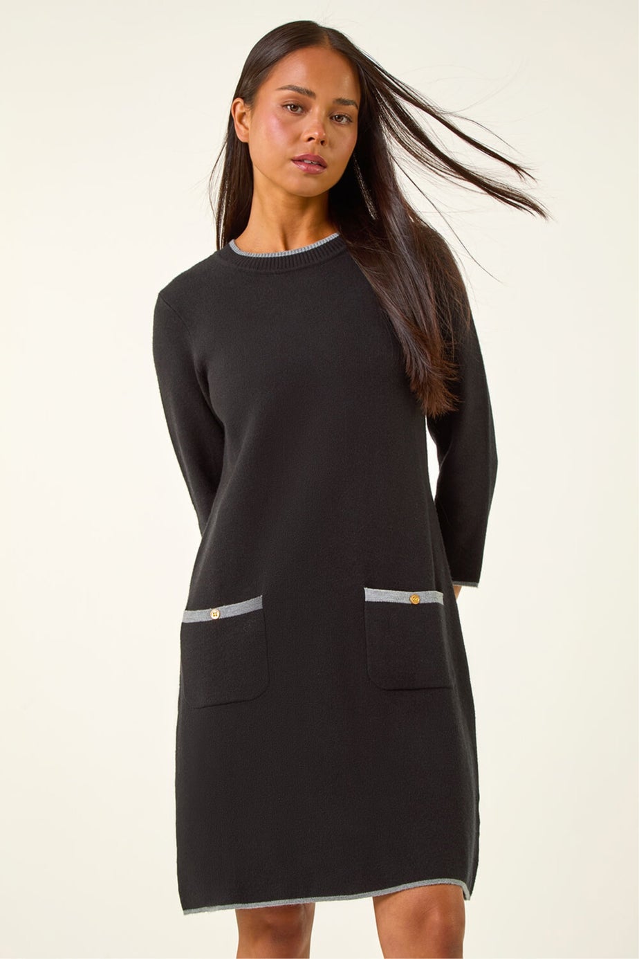 Roman Black Petite Buttoned Knit Dress