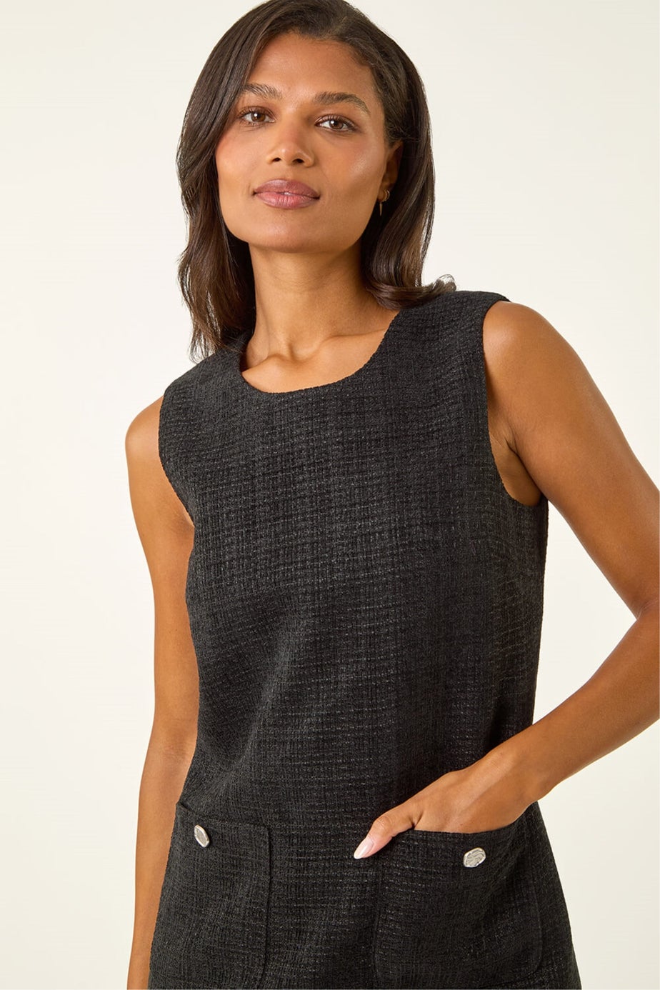 Roman Black Textured Pinafore Pocket Dress