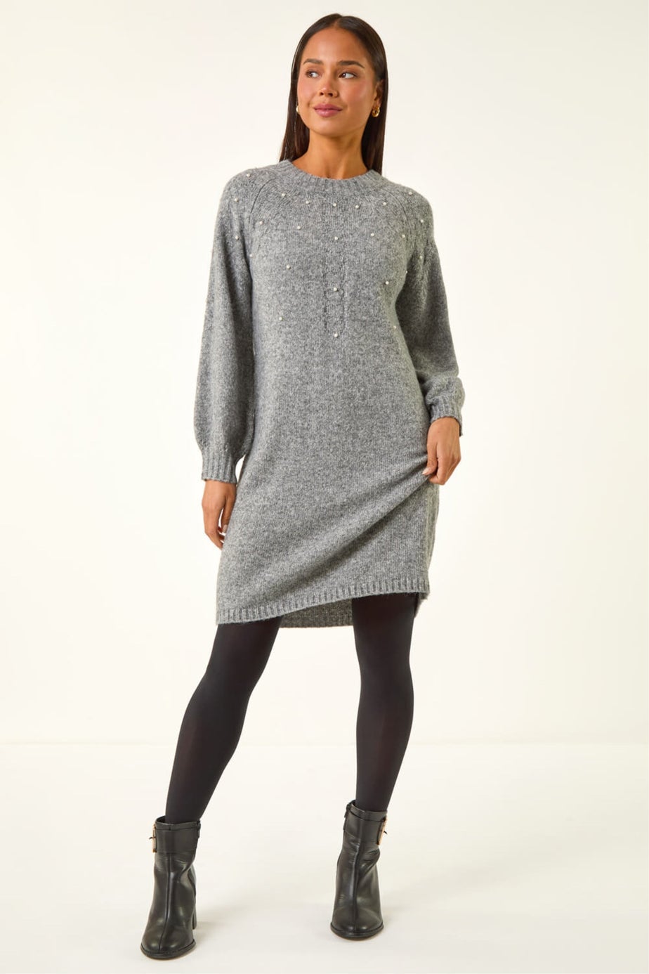 Roman Grey Petite Embellished Faux Pearl Knit Dress