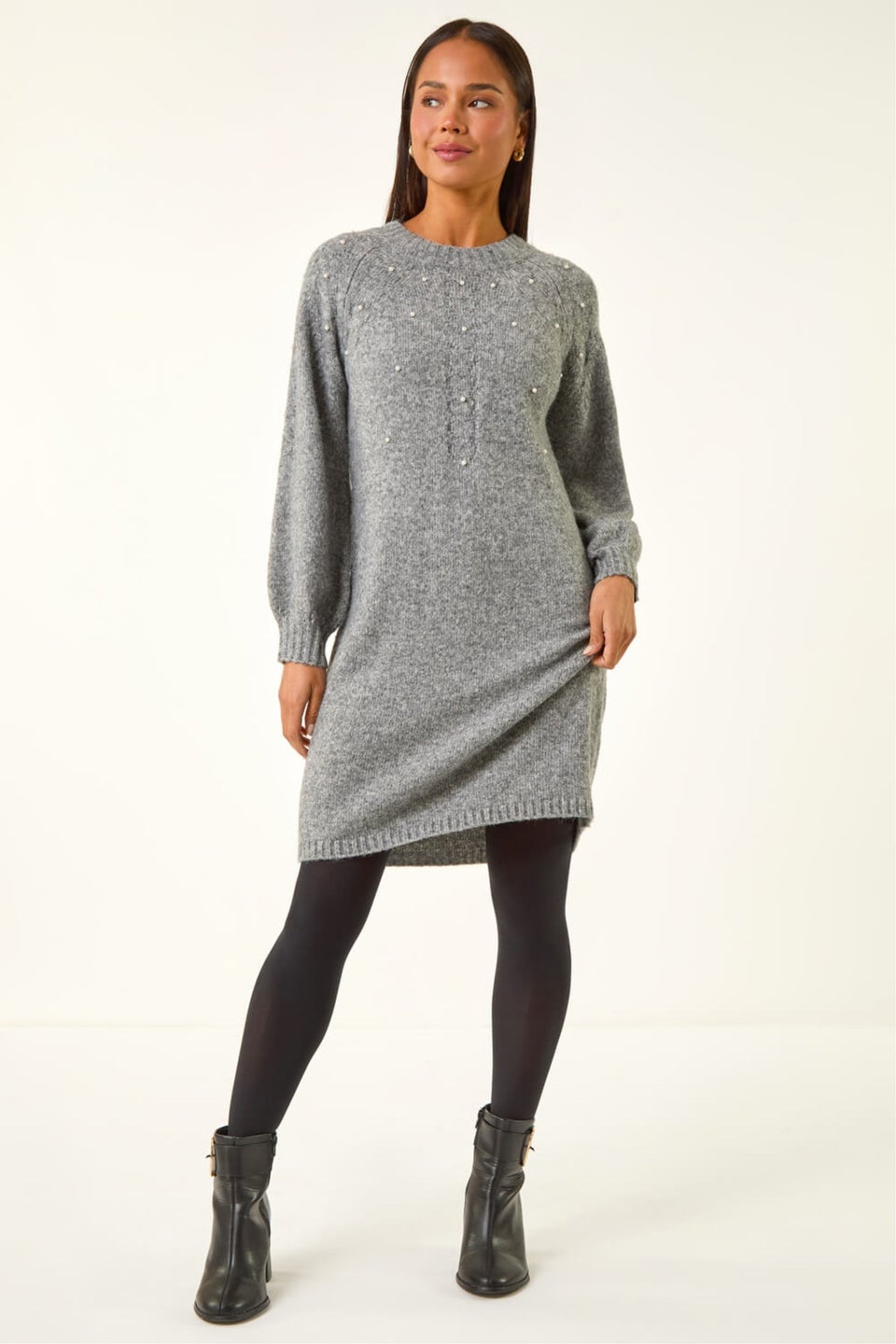 Roman Grey Petite Embellished Faux Pearl Knit Dress
