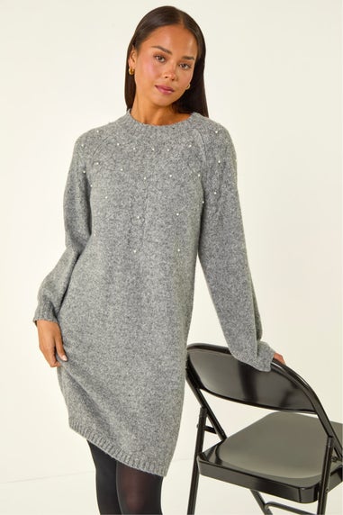 Roman Grey Petite Embellished Faux Pearl Knit Dress