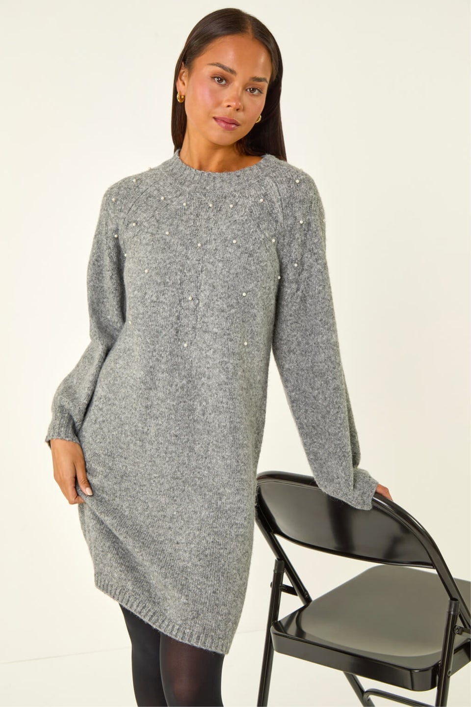 Roman Grey Petite Embellished Faux Pearl Knit Dress
