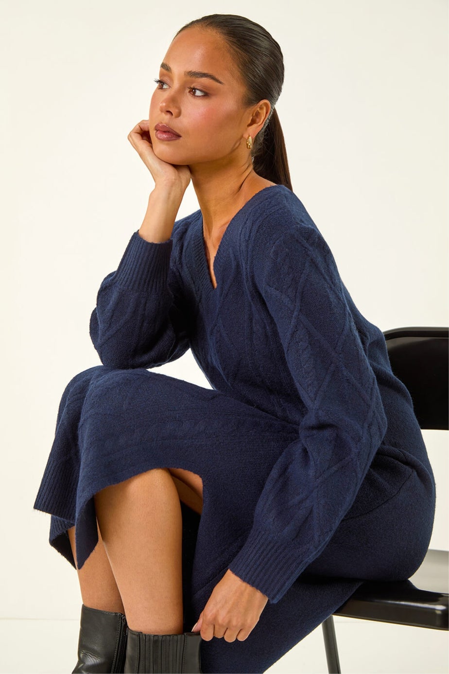 Roman Navy Petite V-Neck Knit Midi Dress