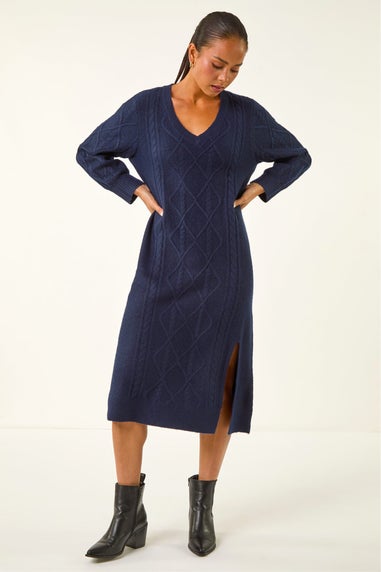 Roman Navy Petite V-Neck Knit Midi Dress
