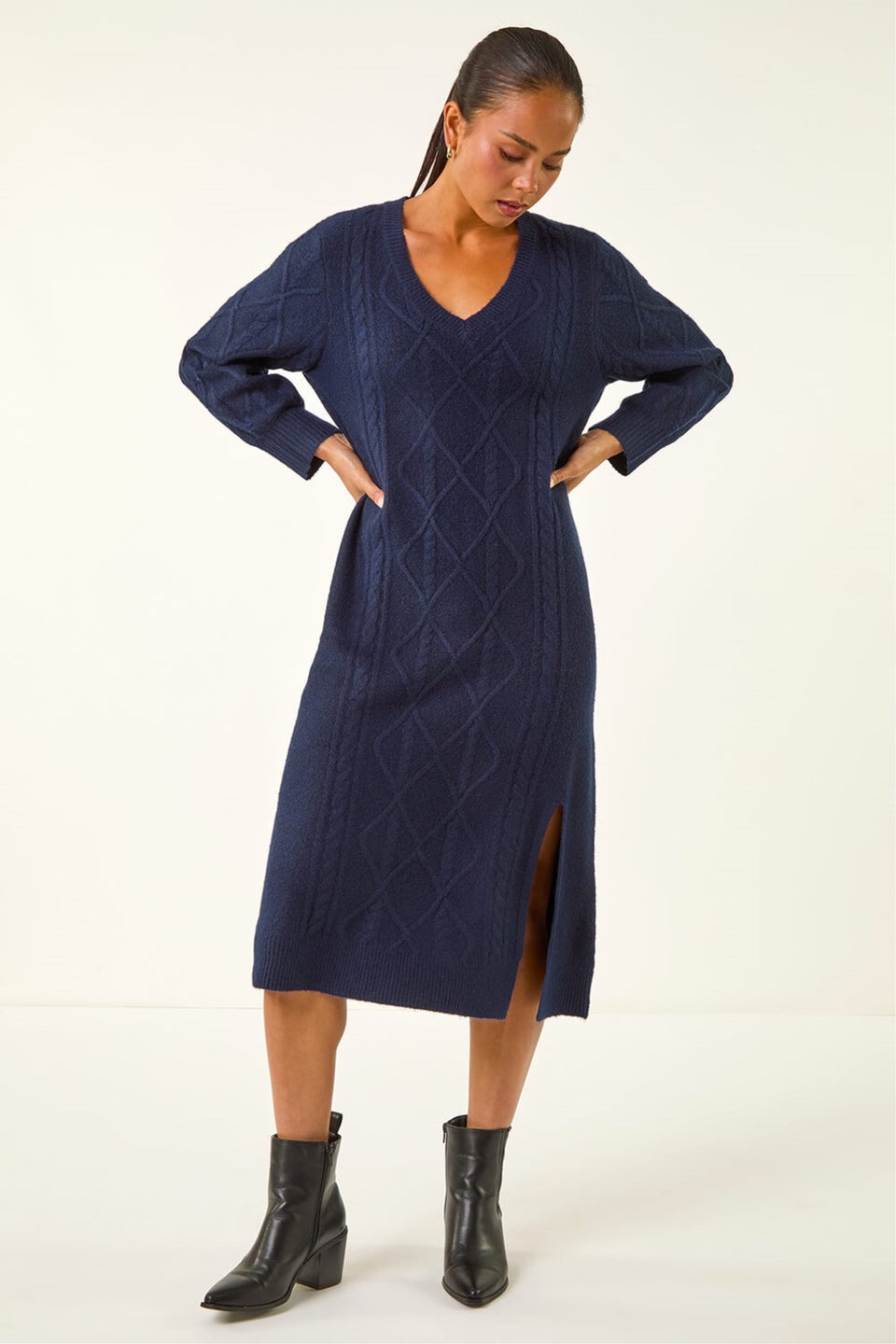 Roman Navy Petite V-Neck Knit Midi Dress