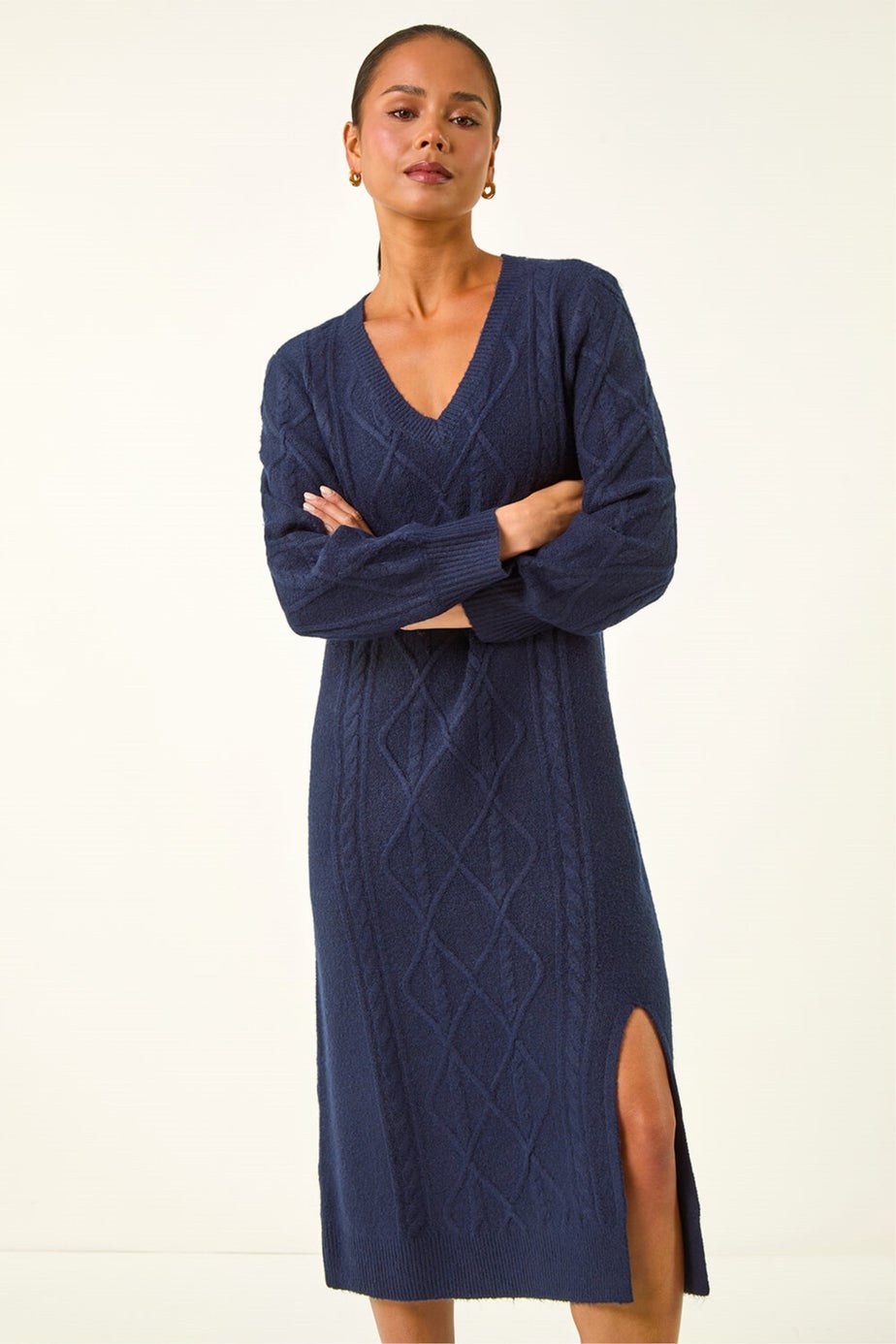 Roman Navy Petite V-Neck Knit Midi Dress