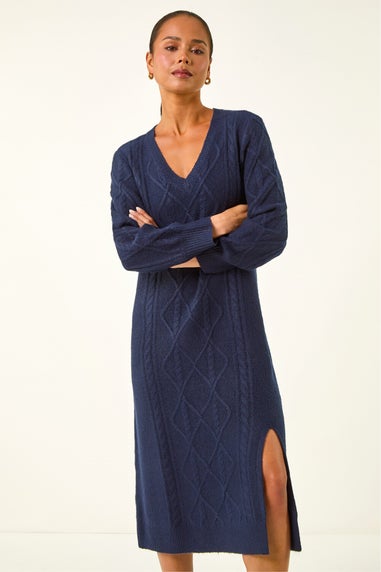 Roman Navy Petite V-Neck Knit Midi Dress