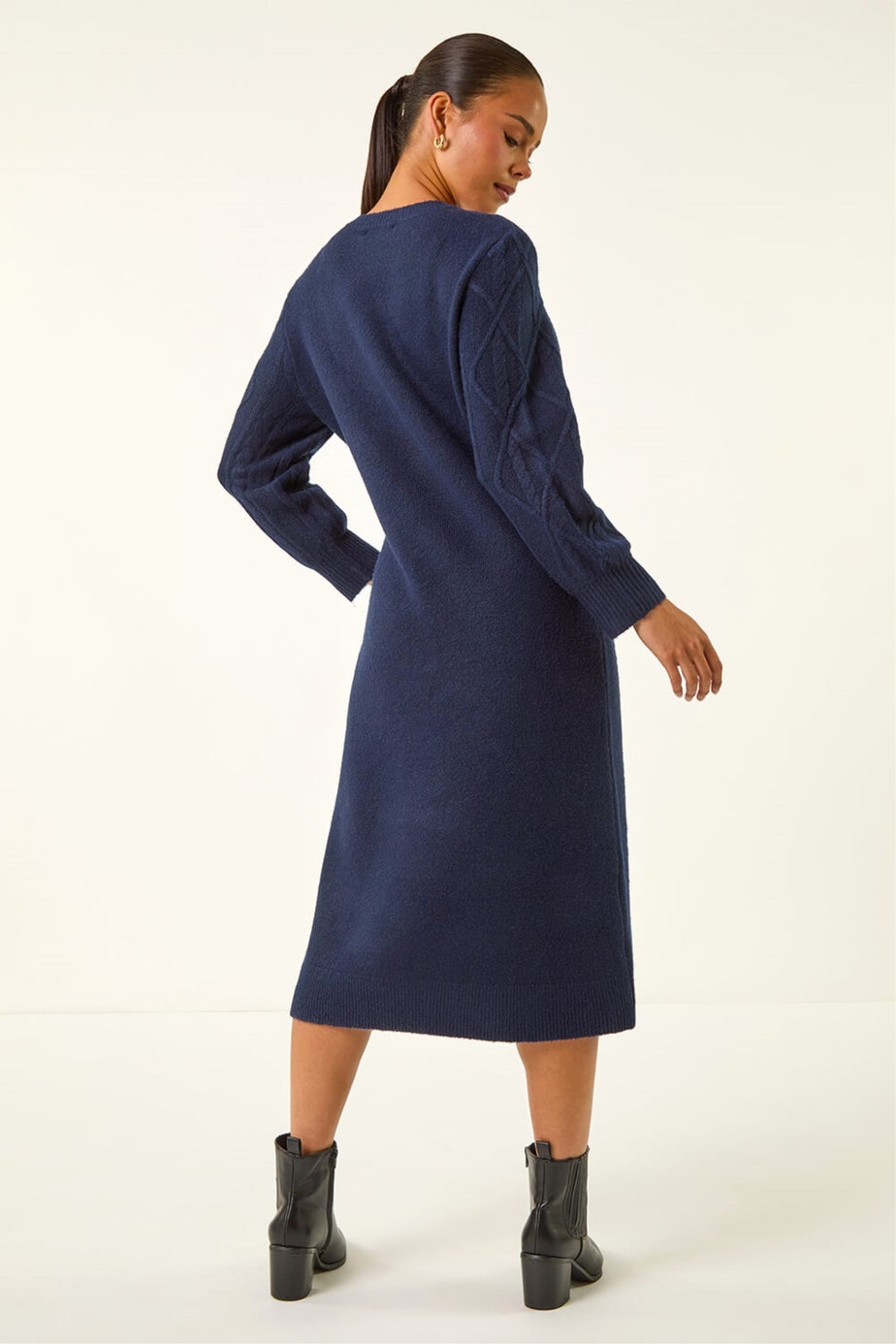 Roman Navy Petite V-Neck Knit Midi Dress