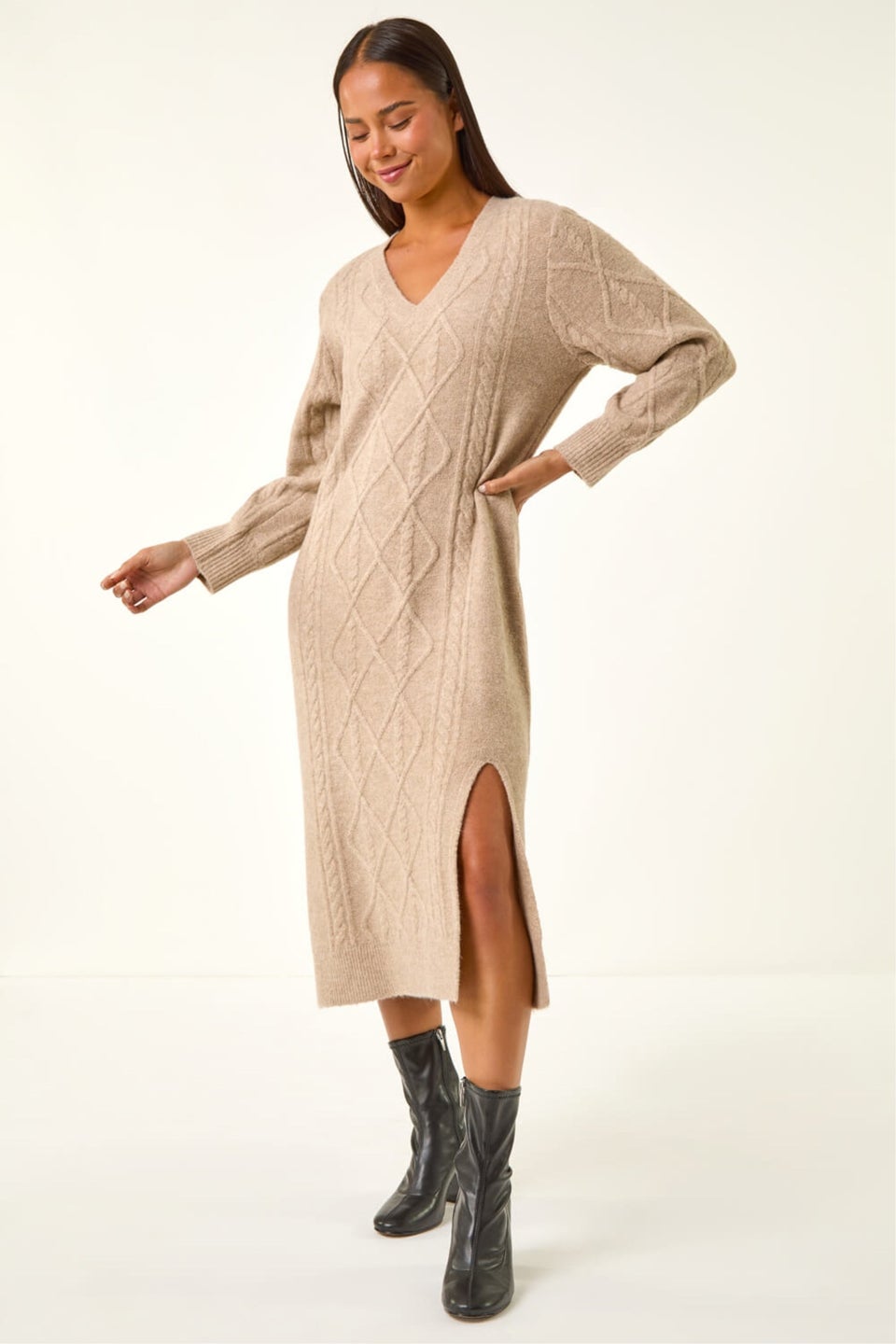 Roman Beige Petite V-Neck Knit Midi Dress