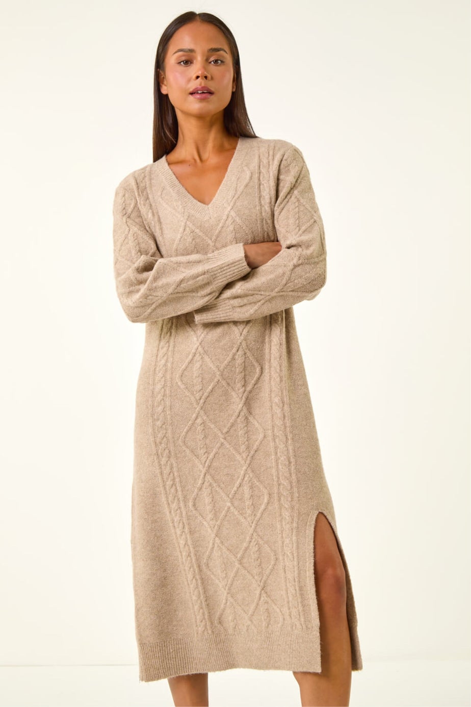 Roman Beige Petite V-Neck Knit Midi Dress