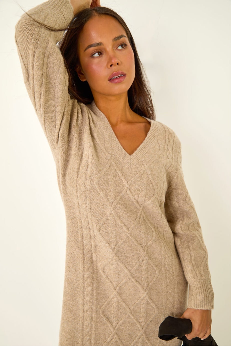 Roman Beige Petite V-Neck Knit Midi Dress