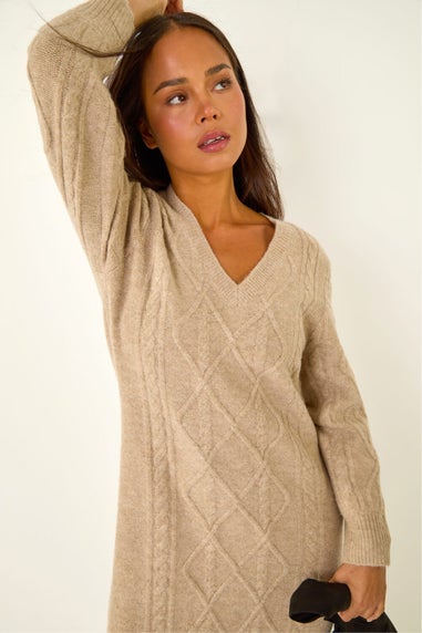 Roman Beige Petite V-Neck Knit Midi Dress