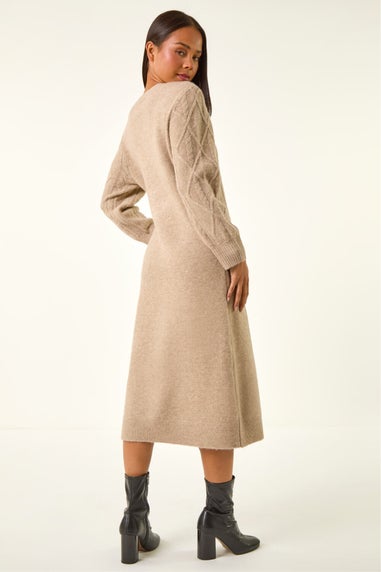 Roman Beige Petite V-Neck Knit Midi Dress