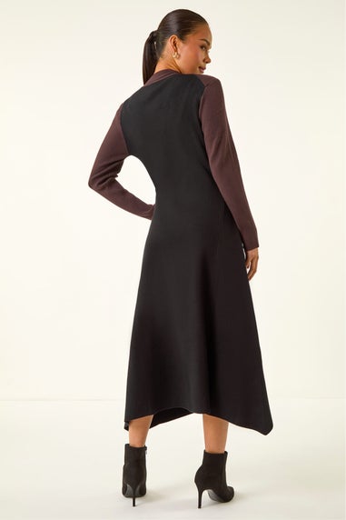 Roman Black Petite Contrast Knit Midi Dress