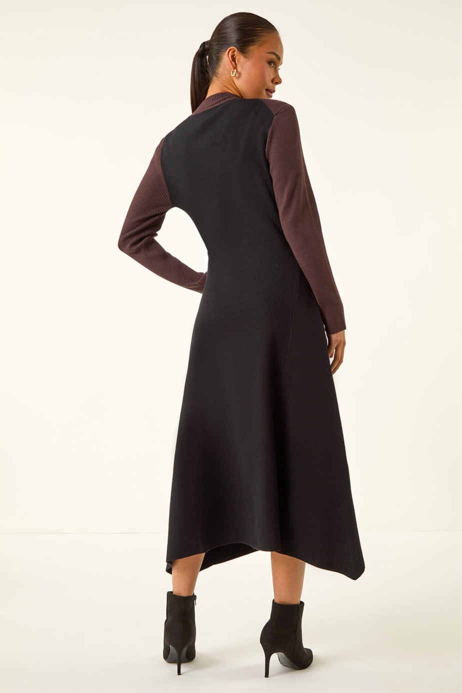 Roman Black Petite Contrast Knit Midi Dress