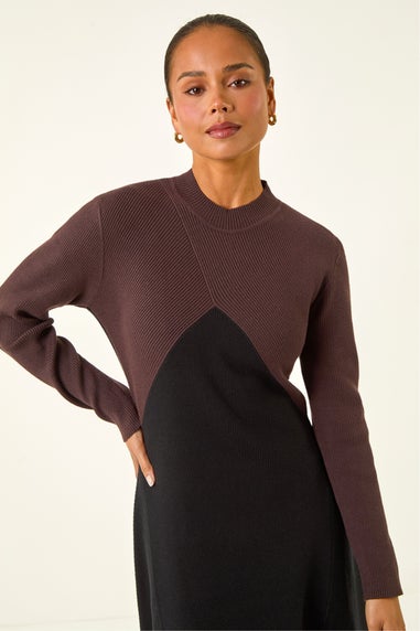 Roman Black Petite Contrast Knit Midi Dress